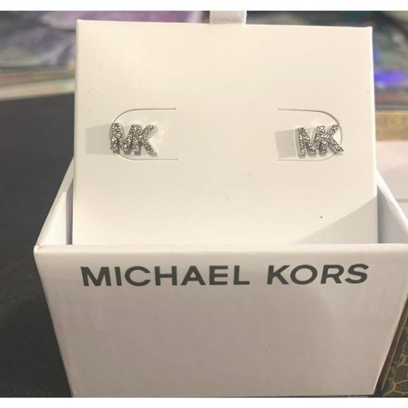 Michael Kors MKJX7633040 MK Logo Stud Earrings Silvertoned Crystal Stud Earrings - Picture 2 of 3